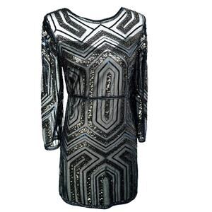 EN CREME Women's Medium Blue Full Beaded‎ Sequin Cocktail Mini Dress Prom Formal